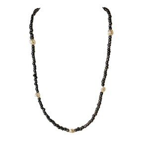 Handmade Black Glass Bead Necklace With Gold Tone Textured Beads Toggle Clasp